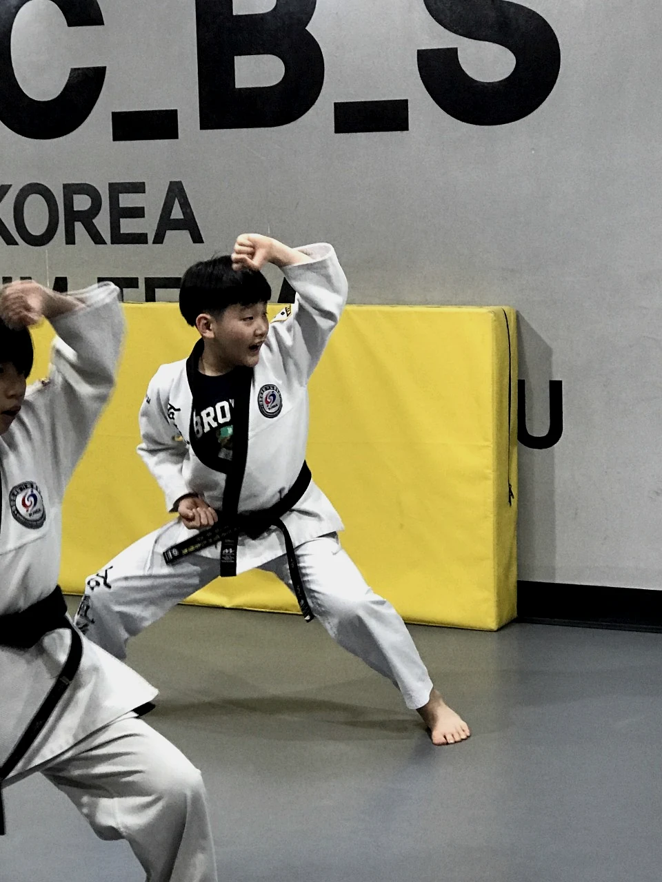 합기도 동작에 집중하며 힘차게 수련하는 어린이 수련생